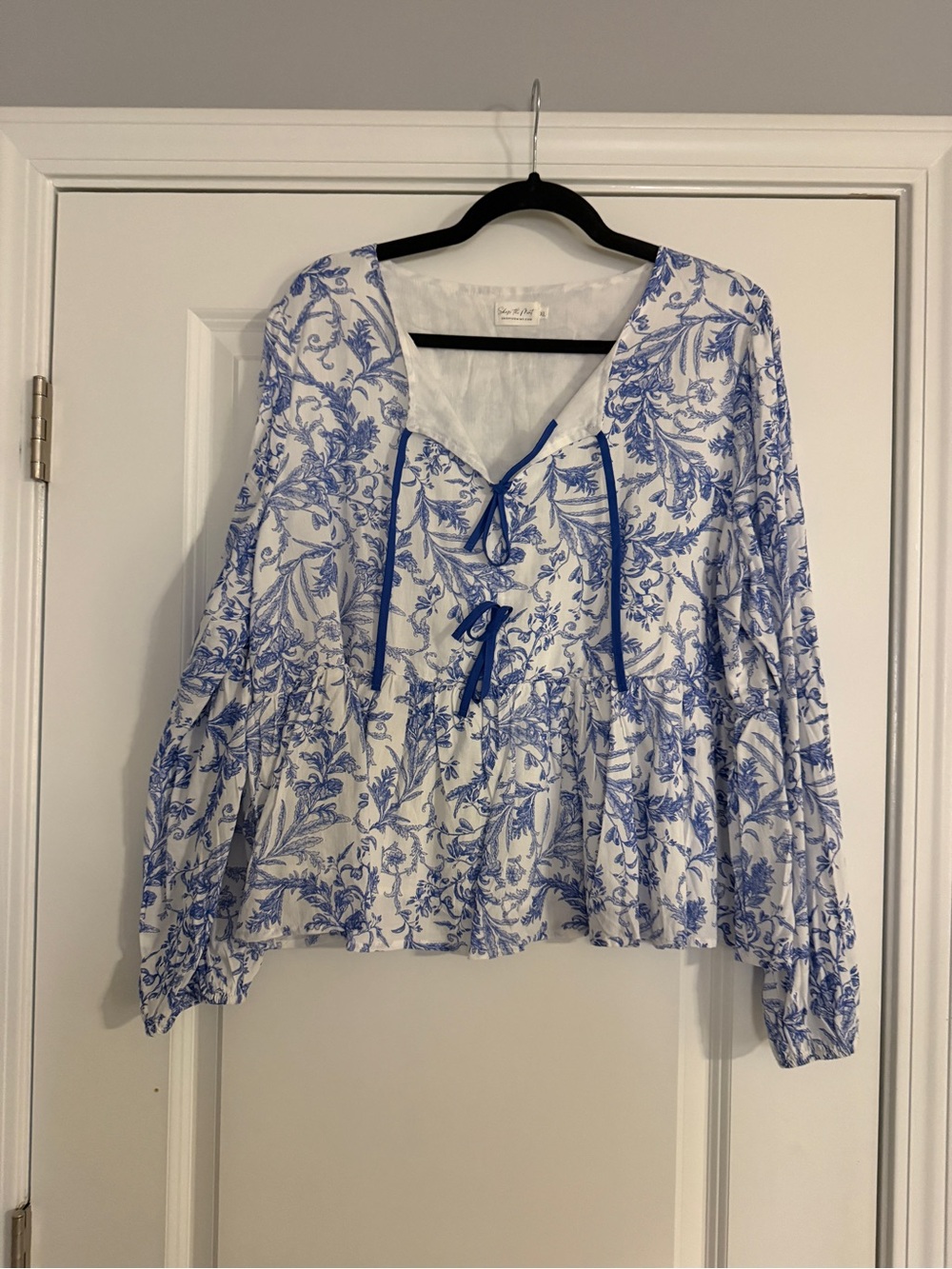 Blue Floral Tie-Front Peplum Blouse